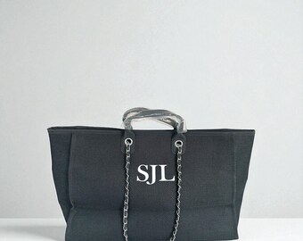Personalised Tote Bag Large Canvas Chain Initial Bag Work Bag | Gifts For Her | Handbag Shoulder Bag Beach Bag Hand Luggage Birthday Gift