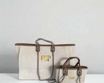 Personalised Canvas Chain Initial Bag Bundle Work Bag Gifts For Her Handbag Shoulder Bag Beach Bag Hand Luggage Gifts For Mum Tote Birthday
