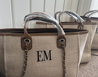 Personalised Canvas Chain Initial Bag Work Bag |Gifts For Her | Handbag Shoulder Bag Beach Bag Hand Luggage Gifts For Mum Tote Birthday Gift