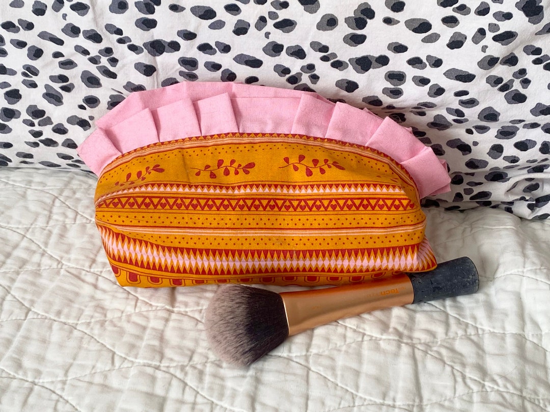 Orange Makeup Bag With Pink Ruffles, Makeup Bag Etsy