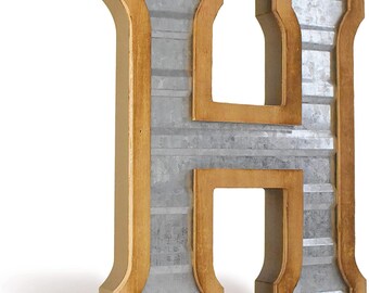 Tavenly Galvanized Farmhouse Letters for Home Wall Decor - Large Metal Letter H with Wood Border - Rustic Home Signs - H