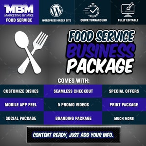 Paquete comercial de servicio de alimentos / Sitio web de WordPress para pedidos en línea / Videos promocionales / Letrero de jardín / Logotipo personalizado / Diseño de menú / Solo archivo digital