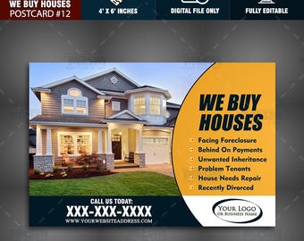 Könnte beinhalten: Eine Postkarte, die für einen Hauskauf-Service wirbt. Die Postkarte zeigt ein Foto eines Hauses mit einem gelben Kreis in der Ecke mit dem Text "WE BUY HOUSES" und einer Liste von Gründen, warum jemand sein Haus verkaufen könnte. Der Text "CALL US TODAY: XXX-XXX-XXXX" und "WWW.YOURWEBSITEADDRESS.COM" befindet sich am unteren Rand der Postkarte.