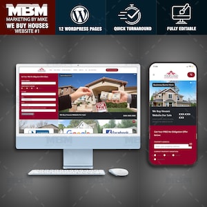 May include: A computer screen displaying a website for a house buying service. The website features a form to get a free no-obligation offer, a photo of a house with a "For Sale" sign, and contact information. The website is designed to be fully editable and includes 12 WordPress pages.
