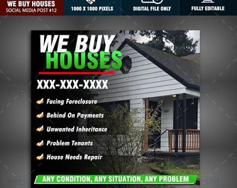 Könnte beinhalten: Eine Immobilienanzeige mit dem Text "WE BUY HOUSES" in Grün und Weiß. Die Anzeige listet Gründe für den Verkauf auf, darunter Zwangsversteigerung und Erbschaftsprobleme. Im Hintergrund ist ein Foto eines Hauses zu sehen.