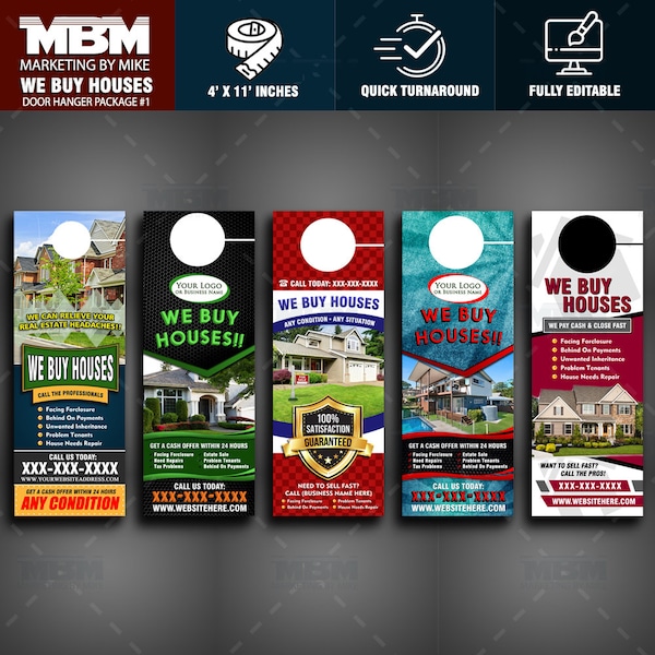 We Buy Houses Door Hangers | 5 Design Package | Personalized Real Estate Entrepreneur Custom Door Hangers | Digital File Only