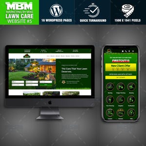 Peut inclure: Un écran d'ordinateur et un smartphone affichant un site web d'entretien de pelouse. L'écran affiche le texte "The Care That Your Lawn Deserves." Le smartphone montre une offre spéciale avec le code "FIRSTCUT15."