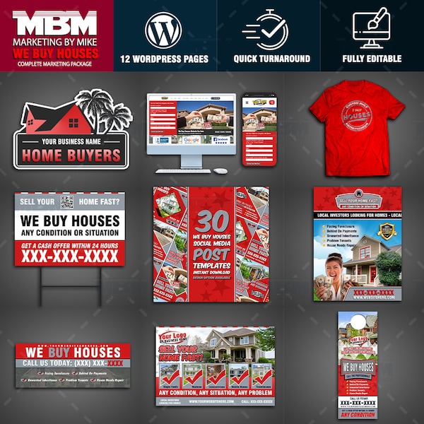 We Buy Houses Complete Business Package | 60 + Investors Custom Marketing Designs | PSD Photoshop Files | HTML Files | Digital File Only