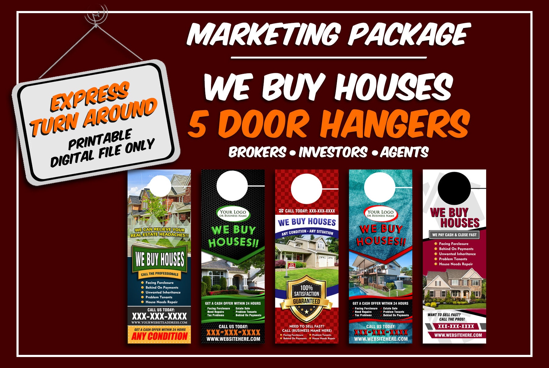 We Buy Houses Door Hangers 5 Design Package Personalized Real Estate Entrepreneur Custom Door