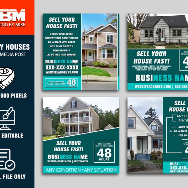 We Buy Houses Social Media Post Package | 4 Personalized Real Estate Custom Marketing Designs | Instagram Facebook | Digital File Only