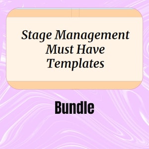 Peut inclure: Un rectangle de couleur pêche avec des coins arrondis et une bordure blanche. Le texte "Stage Management Must Have Templates Bundle" est écrit en noir. L'arrière-plan est un motif de tourbillon violet et blanc.