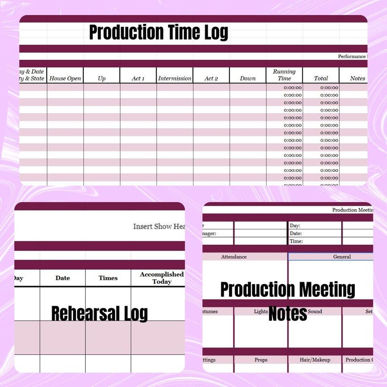 May include: A set of three printable production management templates. The top template is a "Production Time Log", the bottom left is a "Rehearsal Log", and the bottom right is a "Production Meeting" template. All templates have a pink and burgundy color scheme.