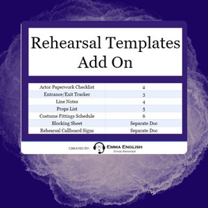 May include: A blue and white table with a list of rehearsal templates and their corresponding numbers. The table includes items like "Actor Paperwork Checklist", "Entrance/Exit Tracker", "Line Notes", "Props List", "Costume Fittings Schedule", "Blocking Sheet", and "Rehearsal Callboard Signs". The table also includes the text "Separate Doc" for "Blocking Sheet" and "Rehearsal Callboard Signs". The table is titled "Rehearsal Templates Add On". The text "CREATED BY: EMMA ENGLISH STAGE MANAGER" is at the bottom of the table.