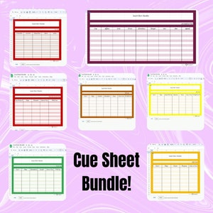 May include: A bundle of cue sheets in various colors, including red, purple, brown, yellow, green, and orange. Each sheet features a table layout with columns for cues, effects, and other show-related information. The text "Cue Sheet Bundle!" is displayed in large, bold letters.