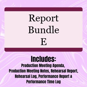 May include: A light pink background with a white and purple swirl design. The image features a rectangular banner with the text "Report Bundle E" in black. Below, it lists "Includes: Production Meeting Agenda, Production Meeting Notes, Rehearsal Report, Rehearsal Log, Performance Report & Performance Time Log."