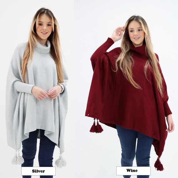 Clothing Womens Clothing Jumpers Pullover Jumpers Womens Lagenlook Knitwear Tassel Poncho Round Neck Oversized Drape Sides Ladies Jumper Top 