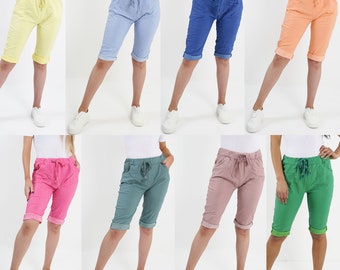 Womens Magic Shorts Italian Lagenlook Ladies Casual Stretch Jogger Style Trouser