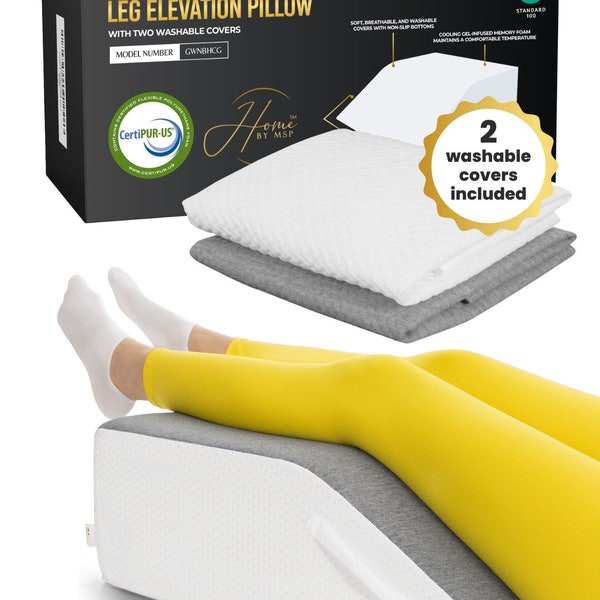 Leg Elevation Pillow - 2 Washable Covers- CertiPUR-US Certified Foam Wedge Pillow for Legs, Back - Memory Foam Top with Cooling Gel