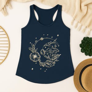 Celestial Allusion Tank Top, Mystic Moon & Floral Women&#39;s Racerback, Boho Graphic Shirt, Lunar Eclipse Festival Wear, Astral Moon Phases
