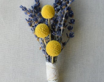 Billy button craspedia and dried lavender boutonnière buttonhole - Wedding Flowers - Groomsman Flowers