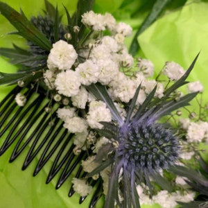 Fresh or dried flower hair comb with Gypsophila, thistle and lavender