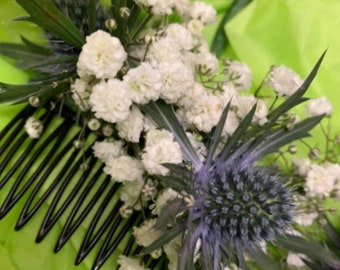 Fresh or dried flower hair comb with Gypsophila, thistle and lavender
