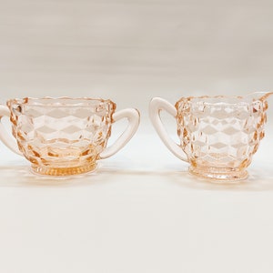 Vintage Jeannette Glass Cube Pattern Sugar and Creamer Set Pink