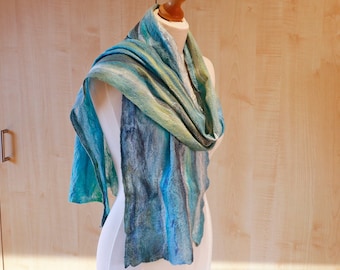 Gray blue silk scarf, hand felted with fine wool - "Breaking waves"