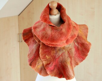 Elegant, versatile wavy scarf, real eye-catcher, in warm brown, orange and yellow tones, hand felted with very fine merino and silk