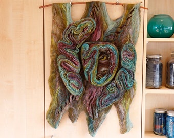 3D wall art, hand-felted tapestry tree trunk in soft bronze, turquoise and purple color nuances - "Owl Burcht"
