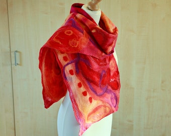 Flamboyant silk party scarf in cheerful, intense red, purple and yellow colours, hand-felted with fine wool - Fiësta! (2)