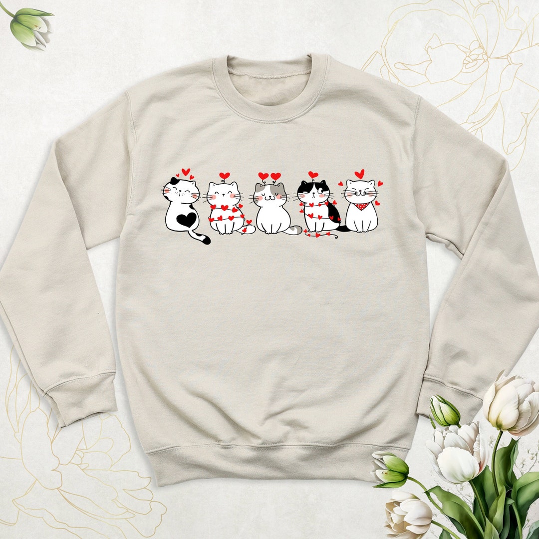 Cute Cats Valentine Sweatshirt, Cat Lover Hoodie, Hearts Cat Sweater