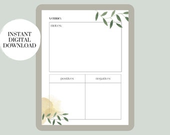 May include: Printable digital planner page with a green leafy design. The page is divided into three sections: venue, notes, and a pros and cons list.
