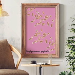 May include: A framed print with a pink background and a pattern of small, tan shapes. The text "Porphyromonas gingivalis" is printed in the lower left corner. The print hangs on a wall above a small table and chair, with a potted plant to the right.