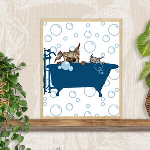 Two pets in Bathtub, watercolor painting, kids bathroom decor, Dog and Cat in Tub, Bathroom Art, Pet Gift, Pet painting , powder room decor