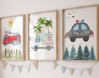 Watercolor Emergency Vehicles Set of 3 Prints, Rescue Vehicle Prints, Police Car, Ambulance, Fire Engine, Kids Room Wall Art, Nursery Arts