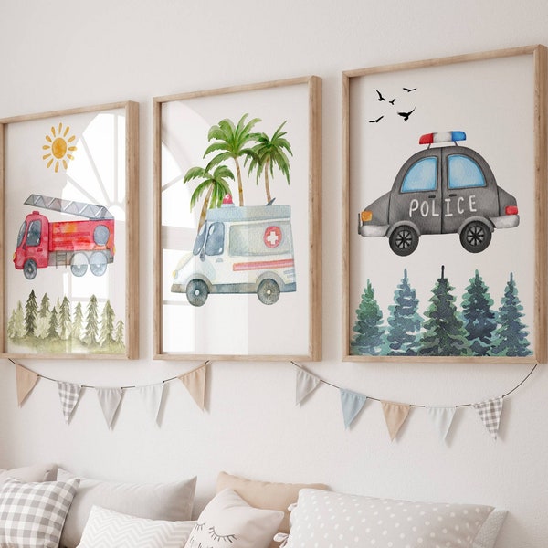 Watercolor Emergency Vehicles Set of 3 Prints, Rescue Vehicle Prints, Police Car, Ambulance, Fire Engine, Kids Room Wall Art, Nursery Arts