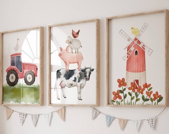 Farm Animals Wall Art Printable, Christmas gift to Toddler, Farmhouse Nursery Prints Digital Download, Kids Room Prints, Farm Nursery Decor