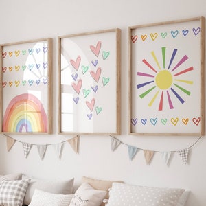 Pastel Rainbow Wall Art Set of 3 Prints, girl room art, Sun Rainbow Cloud, PRINTABLE Wall Art, hearts, Girl Nursery Decor, Kids Room Decor