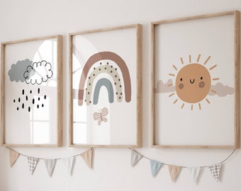 Rainbow Nursery Art, Boho Nursery, Nursery decor, Boho Sun Print, Minimalist Sun, Gender Neutral, Clouds Boho Printable Wall Art, rain print