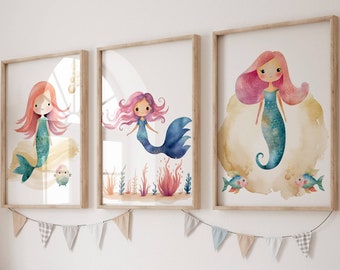 Zeemeermin kunst aan de muur, aquarel kunst aan de muur set, meisje zeemeermin print, kinderkamer decor, zeemeermin kunst, Kids Ocean Wall Art, zeemeermin slaapkamer decor