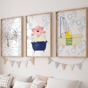 Juego de arte para el baño de niños, impresiones de pared para el baño, decoración de guardería, decoración de baño para niños, arte de pared para el baño de niños, lindos animales en la bañera Cerdo