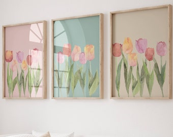 チューリップ畑の水彩画：春の花柄（デジタルダウンロード） - Etsy 日本