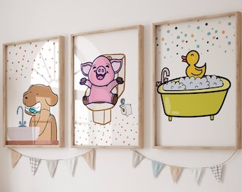 Kids Bathroom Art Set Bathroom Wall Prints Set of 3 Girls Room Decor Bathroom Decor shared bathroom decor Children's Bathroom Wall Art gifts