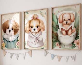 Art de la salle de bain pour enfants, animal de compagnie dans la baignoire, chien dans les toilettes, chien dans l'impression de la baignoire, animal dans la baignoire, art de la salle de bain, décor de salle de bain fille, décor de pépinière