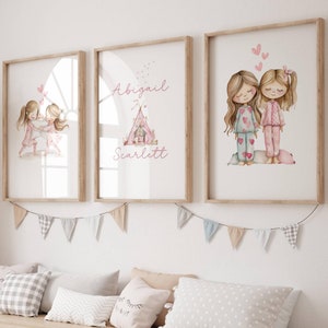 Personalized sisters print set of 3 girls bedroom decor twin girls playroom decor nursery wall art Sisters Bedroom Siblings Wall Art Custom