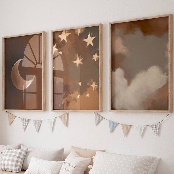 Clouds, moon, stars Boho Printable Wall Art, Gender Neutral Nursery Print, Kids room art, Printable Boho nursery decor, Playroom Sky Decor