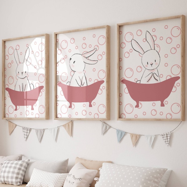 Kids Bathroom Art Set, Bathroom Wall Prints, Set of 3, Kids Bathroom Decor, Children's Bathroom Wall Art, cute bunny in bathtub, pink prints