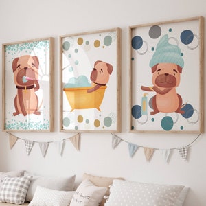 Kid’s Bathroom Art Set, Bathroom Wall Prints, Nursery Decor, Kids Bathroom Decor, Children's Bathroom Wall Art, Dog painting, bathtub art