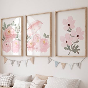Girls Blush Pink Wall Art Set of 3 Pink Roses Wall Art Set Bedroom ...
